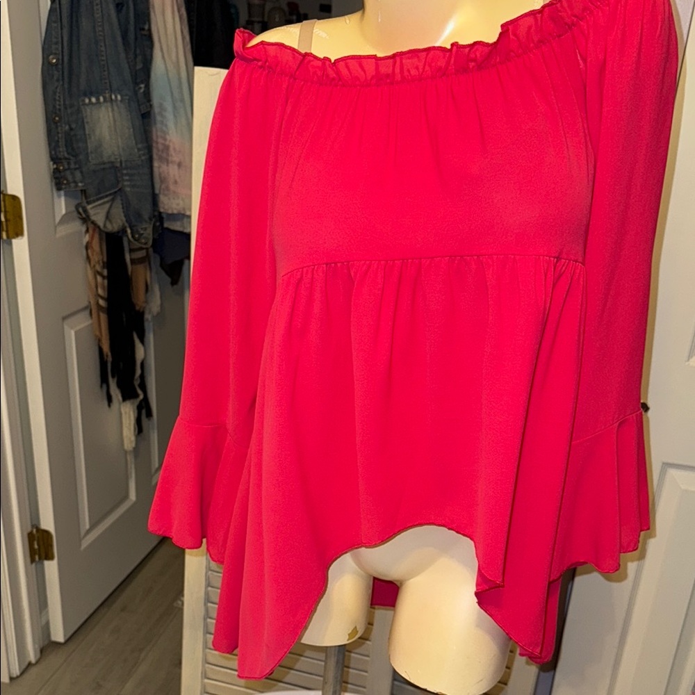off the shoulder Pink Blouse High Low with Bell Sleeves